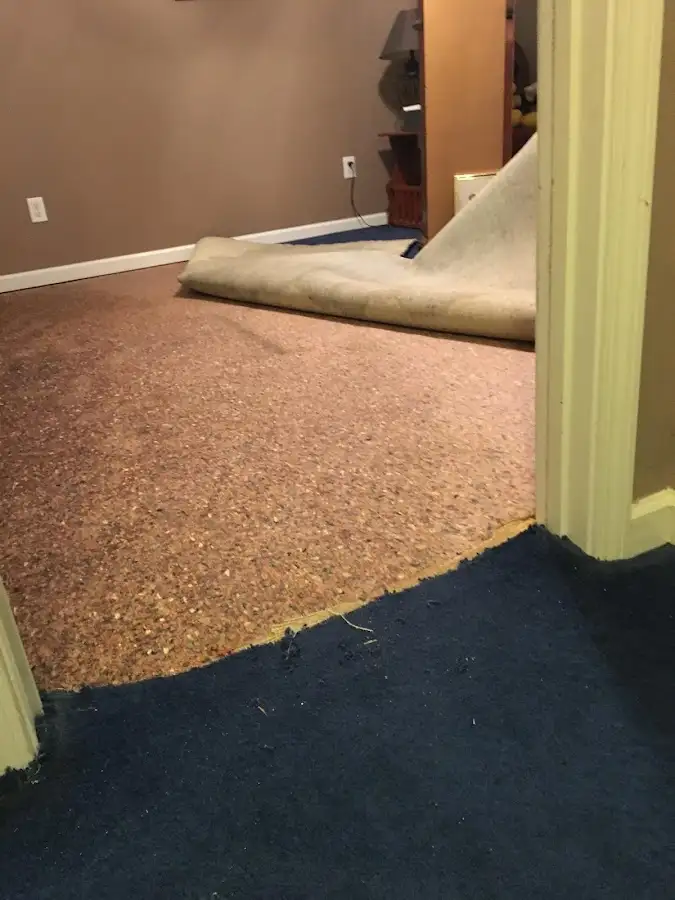 Carpet pad removal revealing water damage during Drying & Dehumidification in Tupelo